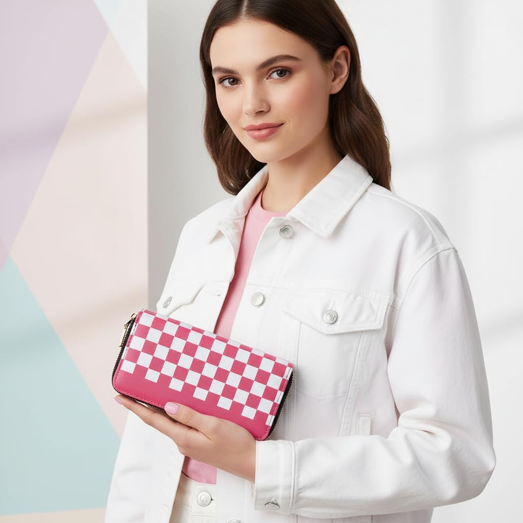 Women's Checkered Wallet, Large Capacity Highland Purse, 2 Zippers Card Cases and Money Organizers for Ladies (Grid Pink) - Image 2