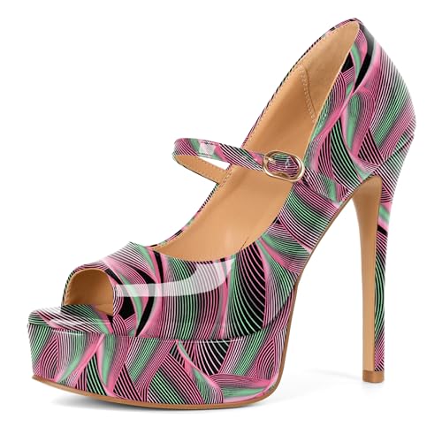 Image of SAMMITOP Women's Peep Toe High Heels Platform Stiletto Pumps Patent Mary Jane Heels 5.5 inch Party Wedding Dress Shoes