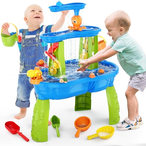 HYES Water Table for Toddlers 3-5, 3-Tier Kids Splash Sand Table Water Toys, Rain Showers Splash Pond for Outdoor Beach Backyard Summer, Activity Sensory Play Table for Boys Girls