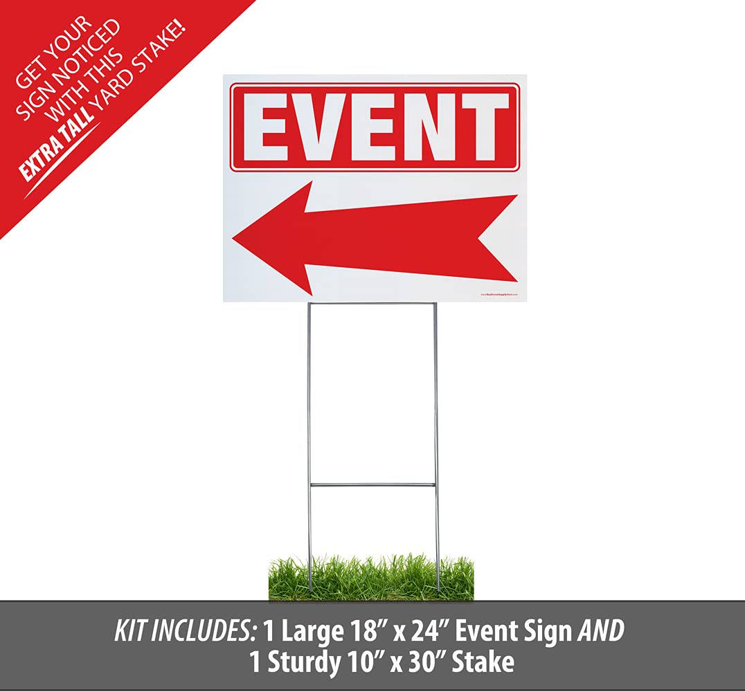 Calendars and More, Inc., Event Arrow Yard Sign Complete Kit Includes Sturdy Sign Stake - Durable Outdoor Double Sided 18x24 Arrow Sign with Extra Tall 10x30 Stake (1 Pack, Event)