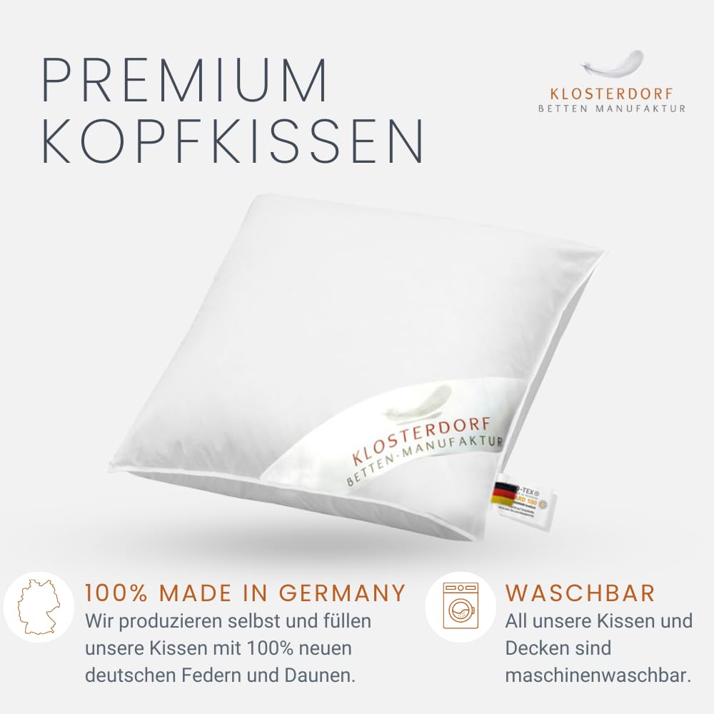 Klosterdorf Bettenmanufaktur Premium Kopfkissen ''fritzchen'' - 40x40 cm - 200 Gramm - Handarbeit aus Deutschland