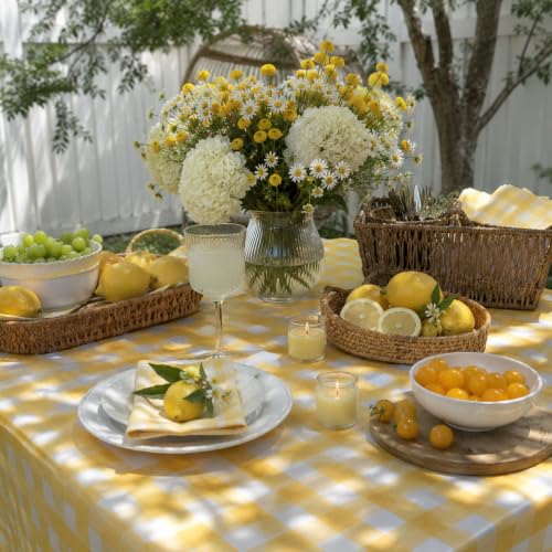 Image of Blue Orchards Yellow Gingham Table Cover (Pack of 3 with 20 Glue dots) - 54 inchx108 inch XL - Yellow and White Checkered Picnic Tablecloth, Baby Shower Decoration, Camping, Outdoor Birthday Party Supplies