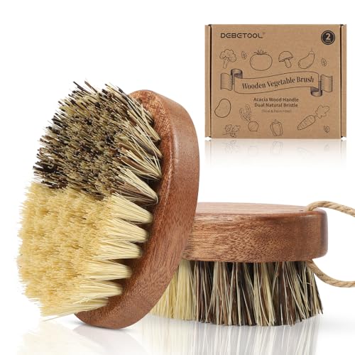 2 Pack Wooden Vegetable Brush for Food - Dual Bristle Potato Brush Scrubber with Hanging Rope | Natural Compostable Kitchen Vegetable Scrubber for Potatoes, Carrots, Fruits