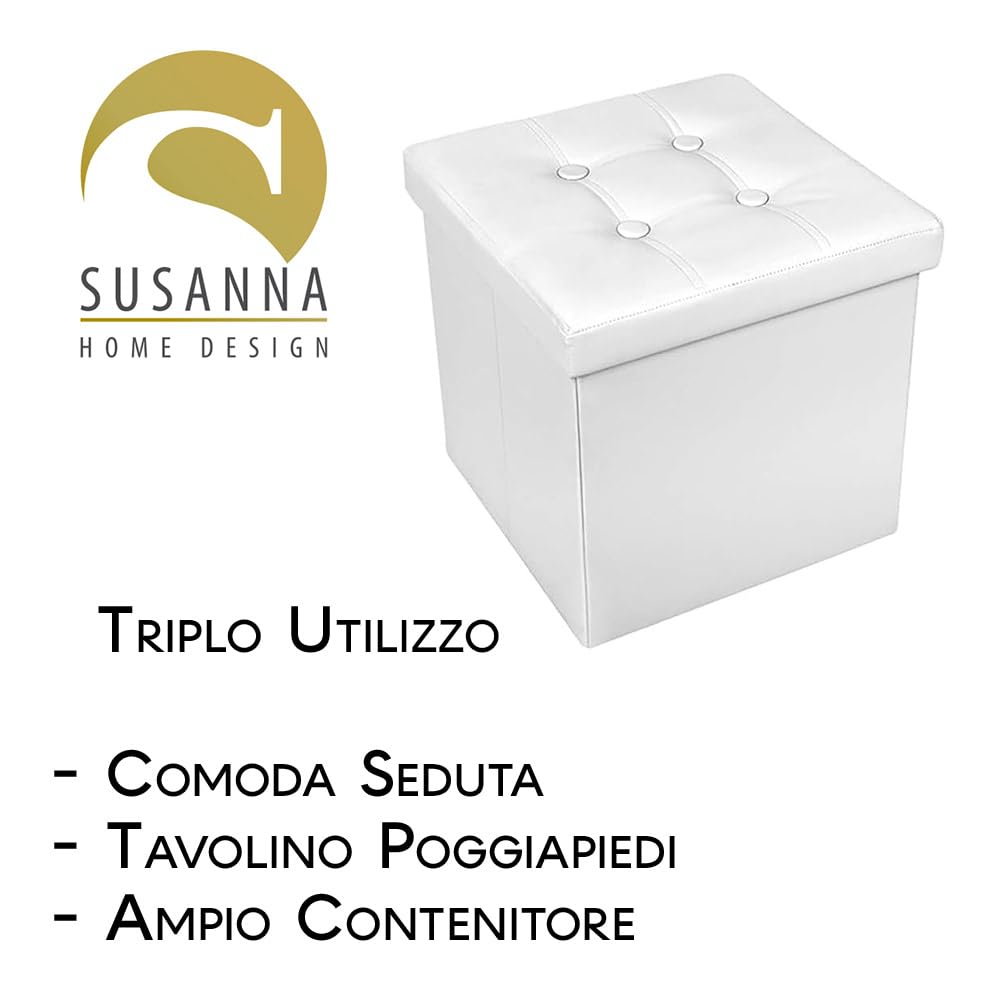 Generico Pouf Contenitore Quadrato in Ecopelle, Pouf Poggiapiedi Imbottito pieghevole in simil pelle (BIANCO, 38X38X38)