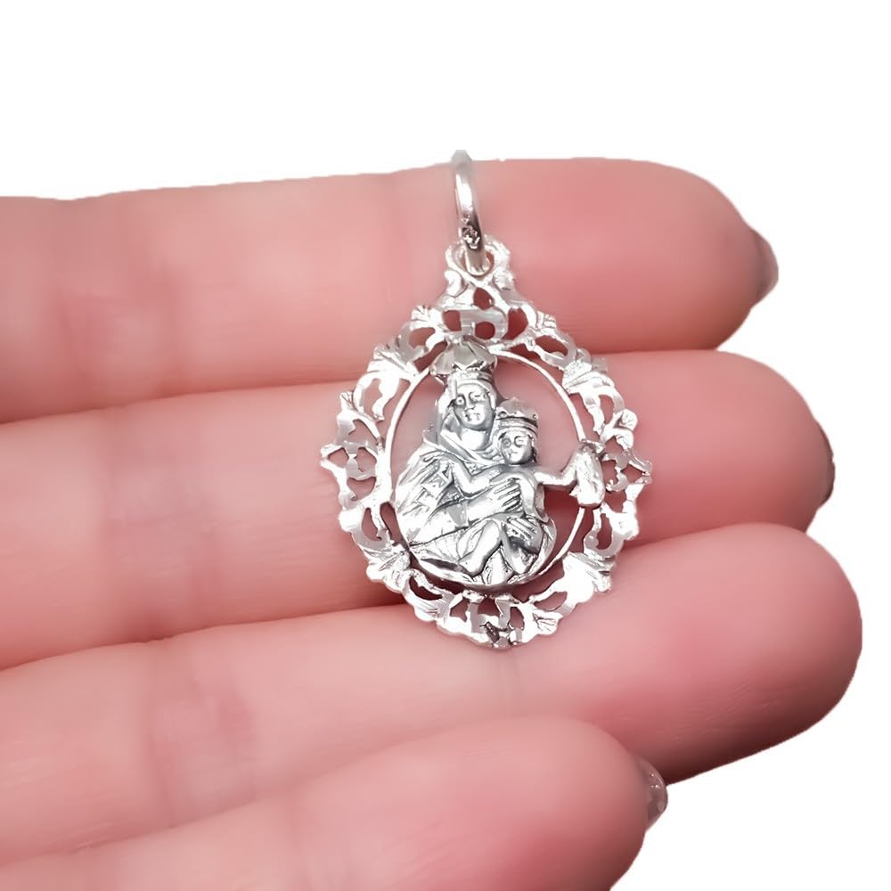 Virgen del Carmen Medalla Plata Ley 925m maciza 30mm. ovalada cerco calado