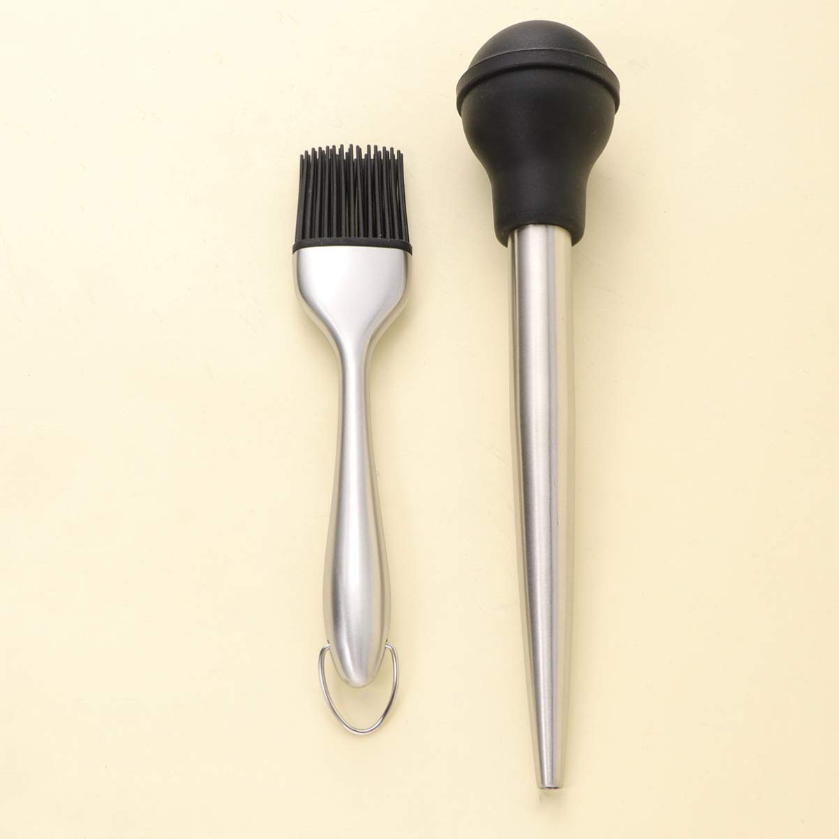 Set Utensili per Barbecue in Acciaio Inox 304 Contagocce Olio da Cucina, Tubo Rigido per Condimento Tacchino e Pennello in Silicone Alimentare, Accessori Pratici per Carne