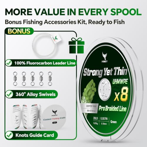 Image of Pro Power 20 LB 8 Strand Braided Fishing Line, Super Thin Dia 0.18mm | Hi-vis 8x Slick PE Wire & Leader Line Combo, Easy to Tie with Knot Guide Card for beginners, Ready to Fish and Cost Effective