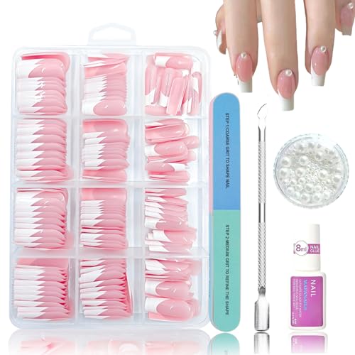 240 Stück Pearl Französisch Falsche Nägel Zum Aufkleben Kit - Press On Nails mit Multifunktional Nagel Polierfeile & Pearl Design Tool - Full Cover Natürlich Acrylnägel mit Nagelkleber (Medium French)