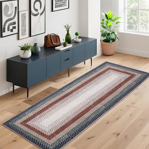 GAOMON Runner Rug 2x6 Braided Print Washable Rugs Non-Slip Hallway Runners Entryway Rug Ultra-Thin Farmhouse Kitchen Mat Bedroom Bedside Laundry Distressed Rugs Non-Shedding Accent Carpet Blue/Red