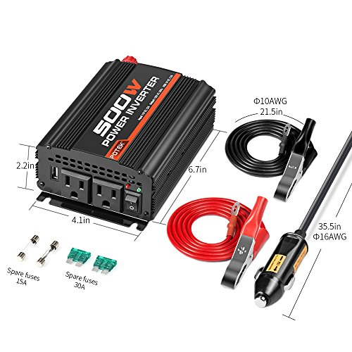POTEK 500W Power Inverter/Car Inverter DC 12V to AC 110V Dual AC Charging Port and 2A USB Ports for Laptop, Smart Phone