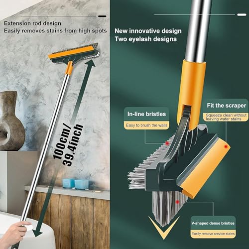 Image of TEKCOOL Bathroom Cleaning Brush with Wiper Upgraded 3 in 1 Tiles Brush Bathroom Brush with Long Handle 180 Rotate Bathroom Floor Cleaning Brush Bathroom Cleaning Accessories;-