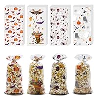 ONFAON Halloween Cellophane Treat Bags, 180pcs Halloween Trick or Treat Goody Gags with 200pcs Twists for Snacks Cookies Packing, Goodie Bags Party Supplies(02)