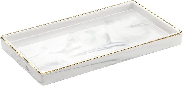 Luxspire Bathroom Vanity Tray, Marble Ceramic Decorative Tray Jewelry Counter Storage Organizer, Gold Edged Dresser Kitchen Sink Tray for Perfume Candle Holder Bathroom Accessories -S- Marble White