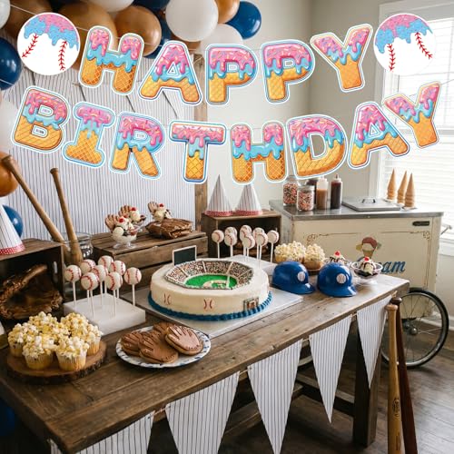 Image of Supervitae Happy Birthday Banner Baseball, Baseball Ice Cream Drip Birthday Banner, Baseballs Party Hanging Decorations Sport Theme Party Supplies for Sport Parties Favors Decoration