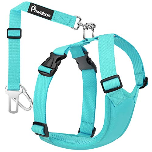 Pawaboo Pettorina di Sicurezza per Cani, Imbracatura Regolabile per Auto Cintura di Sicurezza con Moschettone per Animali Domestici Quinzaglio Regolabile per Auto, Taglia S, Blu Puro