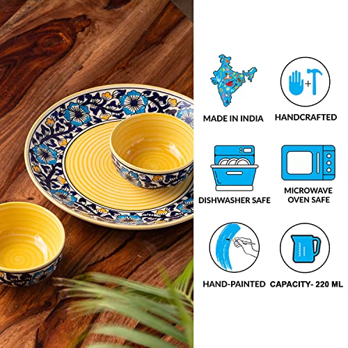 Image of ExclusiveLane 'Badamwari Bagheecha' Ceramic Dinner Plate and Bowl Set (3 Pieces, Serving for 1)|Ceramic Serving Bowls Ceramic Bowl Set Serving Bowl Set Ceramic Bowls Plate