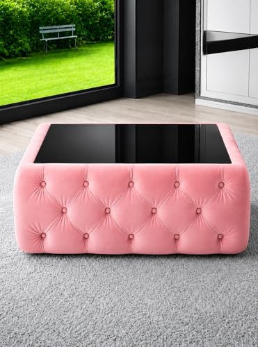Image of Premium Tufted Upholstered Coffee Table with Mica Top - Modern Square Ottoman Center Table, Soft Velvet Finish, Luxury Living Room Furniture - 30 x 30 x 18 Inch (Pastel Pink)