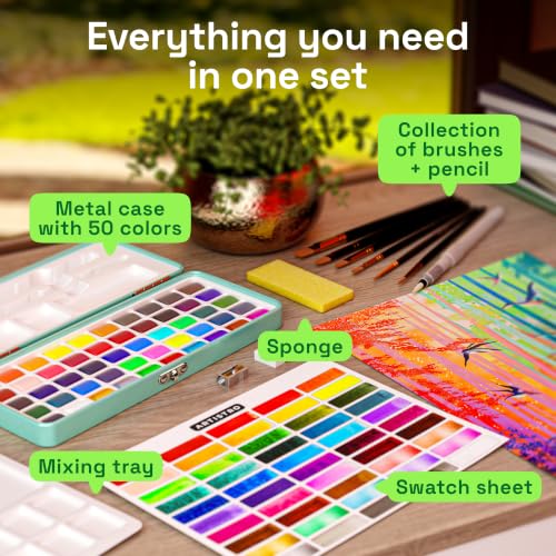 Image of ARTISTRO Watercolor Paint Set - Travel Art Kit - 50 Colors