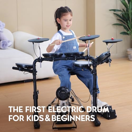 mk-0 pro electric drum set with 73939 mesh drum pads 83939 full rubber cymbals 53939 bass drum 12 kits and 68 authentic sounds usb midi throne sticks headphone suitable for beginners amp kids