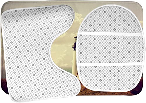 Badezimmerteppich-Set, 3-teilig, Meereslandschaft, Leuchtturm und Möwe am Meer, bewölkter Himmel, waschbare Badeteppiche, rutschfest, mit Rückenpolster, Konturteppich und Toilettendeckelbezug – Bild 6