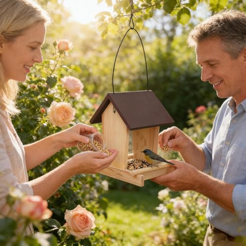 Mangeoire à oiseaux en bois avec corde supérieure, accessoire extérieur durable
