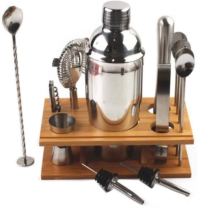Kit de barman para preparar cócteles en casa con soporte de bambú y coctelera de 14 piezas