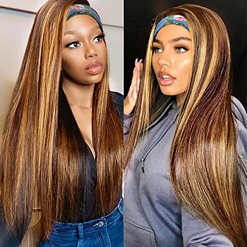 Straight Ombre Blonde Highlight Headband Wig Human Hair for Black Women Brown Mixed Honey Blonde Streaks Glueless Brazilian Head Scarf Wigs None Lace Front Wigs 150% Density (24 Inch)