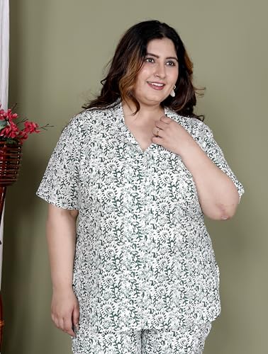Image of Printed Shirt Style Cotton Night Suit for Women with Extra Plus Size