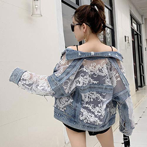ebossy Women's See Through Floral Embroidery Lace Crop Denim Jacket Ripped Distressed Jean Jacket4