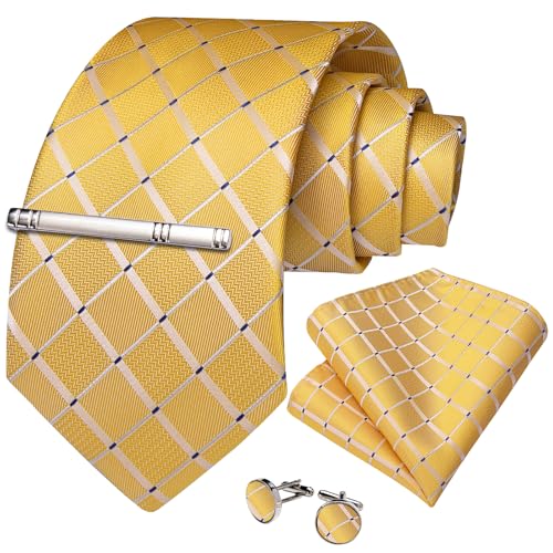 Image of DiBanGu Mens Silk Plaid Tie and Pocket Square Set | Elegant Silk Formal Tie Set, Woven Check Necktie and Cufflinks Tie Clip Set, Perfect for Wedding Party, Comes in Gift Box