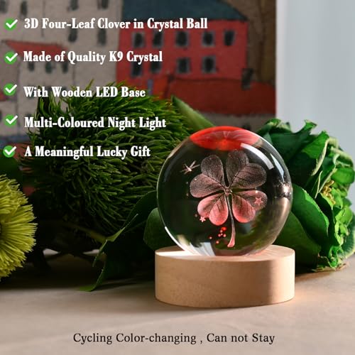 Image of 3D Four-Leaf Clover Crystal Ball 60mm Good Luck Gifts Ideas for Her Him | Decorative Glass 4-leaf Clover Globe with Multicolor Lighting Base St Patricks Day Gifts for Women Men Room Decor