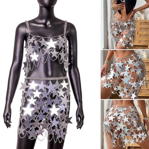 Womens Sparkly Star Shape Sequins Short Skirt Hollowed Waist Chain Body Jewelry Cover Up for Nightclub Festival2
