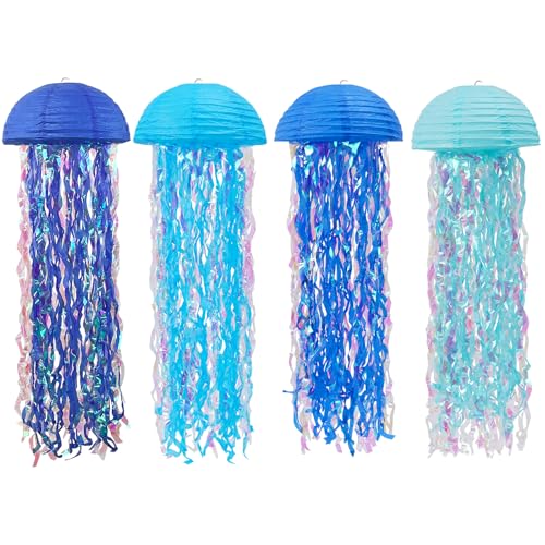Image of Jellyfish Paper Lanterns Under The Sea Party Decorations Hanging Blue Jellyfish Lanterns for Baby Shark Mermaid Birthday Party Decorations Baby Shower Classroom Decor Pack of 4 Blue