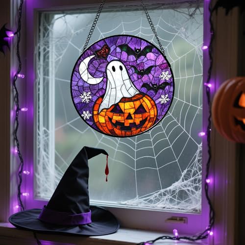 Image of Stained Glass Window Hanging Halloween Horror Pumpkin 11.8 inch - Suncatcher Door Garden Sunroom Gothic Style Ghost Bat Sun Catcher Birthday for Friend Mom Men Woman Nana
