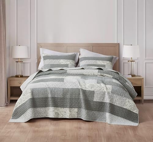 Chezmoi Collection Caleb 3-Piece Muted Gray White Ivory Floral Plaid Rectangular Patchwork Quilt Set - Pre-Washed Cotton Quilted Lightweight Reversible Bedspread for All Seasons, Oversized King 120x96 by Chezmoi Collection - Image 2