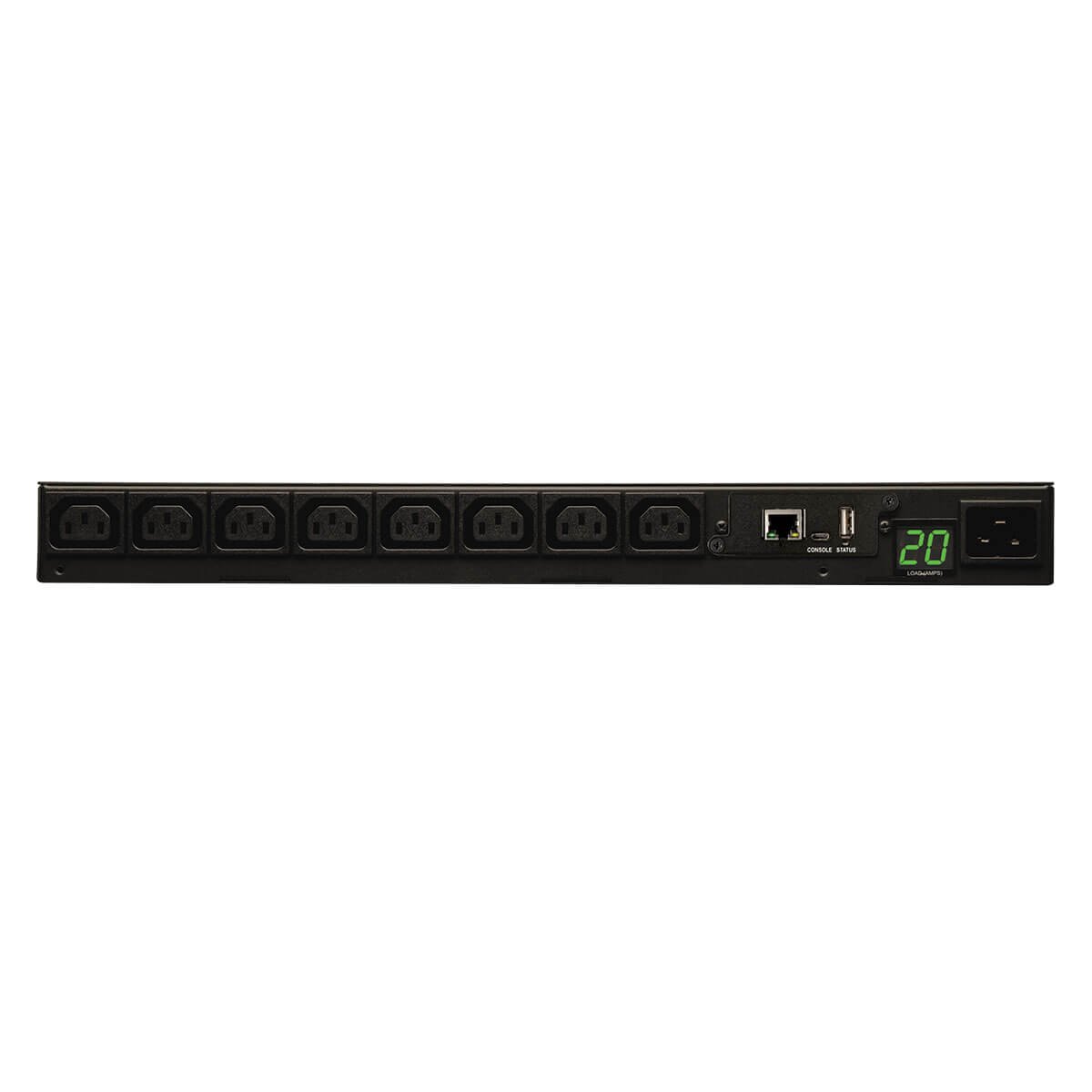Tripp Lite Monitored PDU, 8 Outlets (C13), 208/220/230/240V, C20/L6-20P Adapter, 3.2-3.8kW, 8 ft. Cord, 1U Rack-Mount Single-Phase PDU, TAA (PDUMNH20HV)