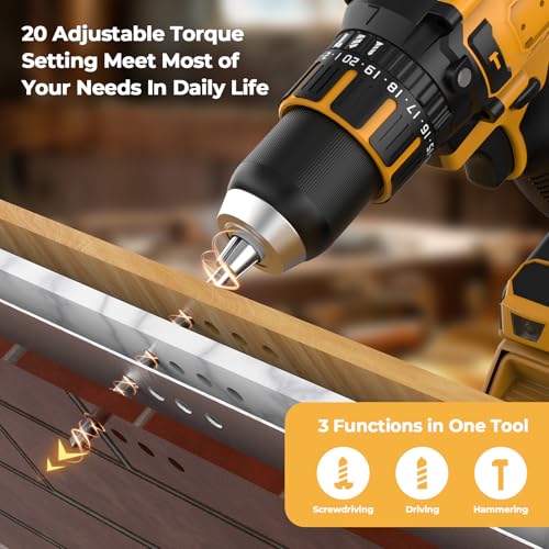 Cordless Hammer Drill Compatible with Dewalt 20V MAX Battery(No Battery)20V Brushless Drill, 1/2\" Cordless Drill for Concrete with Variable Speed for Home Improvement, Woodworking, Metal
