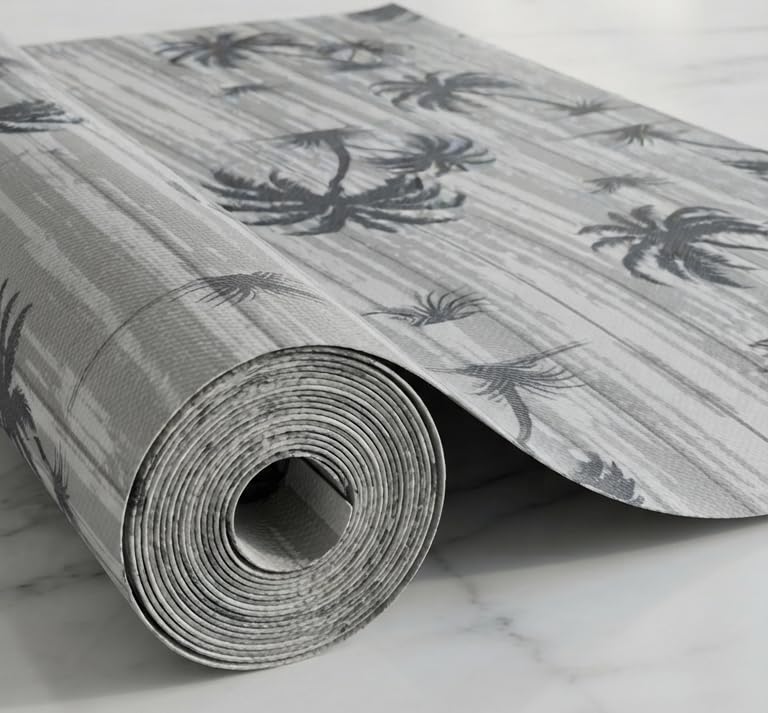 Image of Dribble (45cm X 300cm) Eva Shelf Liner Mat Roll, Non Slip Drawer & Cabinet Liner for Kitchen, Waterproof Oilproof Washable Fridge Mat, Anti Skid Cupboard Wardrobe Multipurpose Mat (Palm Paradise Grey)