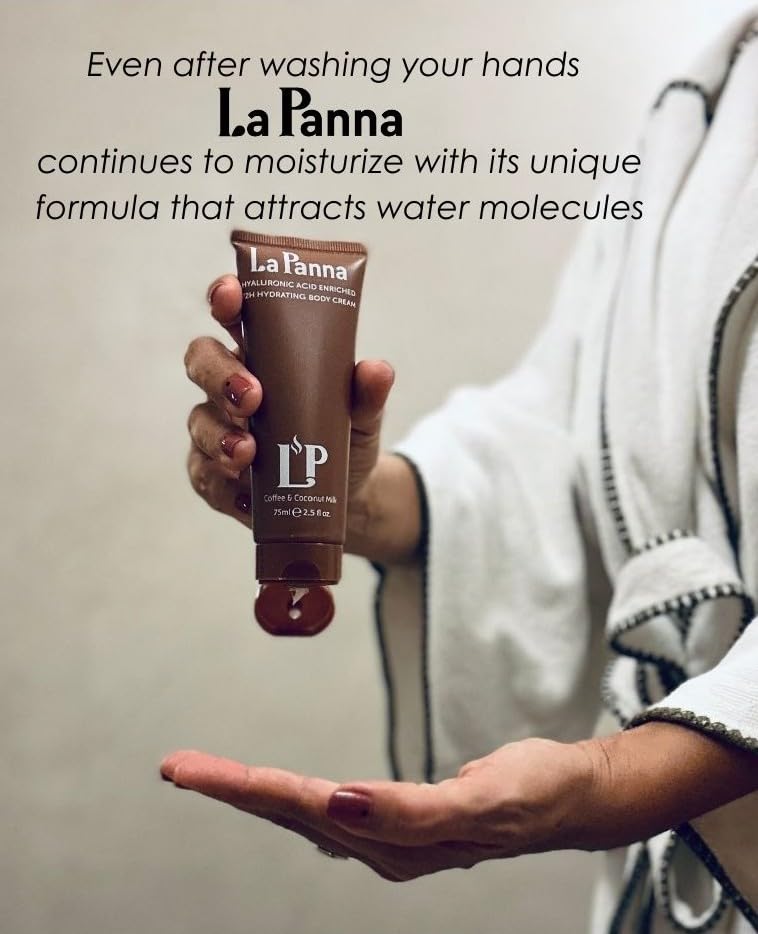 La Panna Coffee & Coconut Milk Body Cream for Women & Men | 72H Deep Moisture Cream with Hyaluronic Acid & Vitamin E | Hydrates, Nourishes & Softens | Fast Absorbing | Cruelty-Free & Vegan | 2.5 fl oz - Image 5