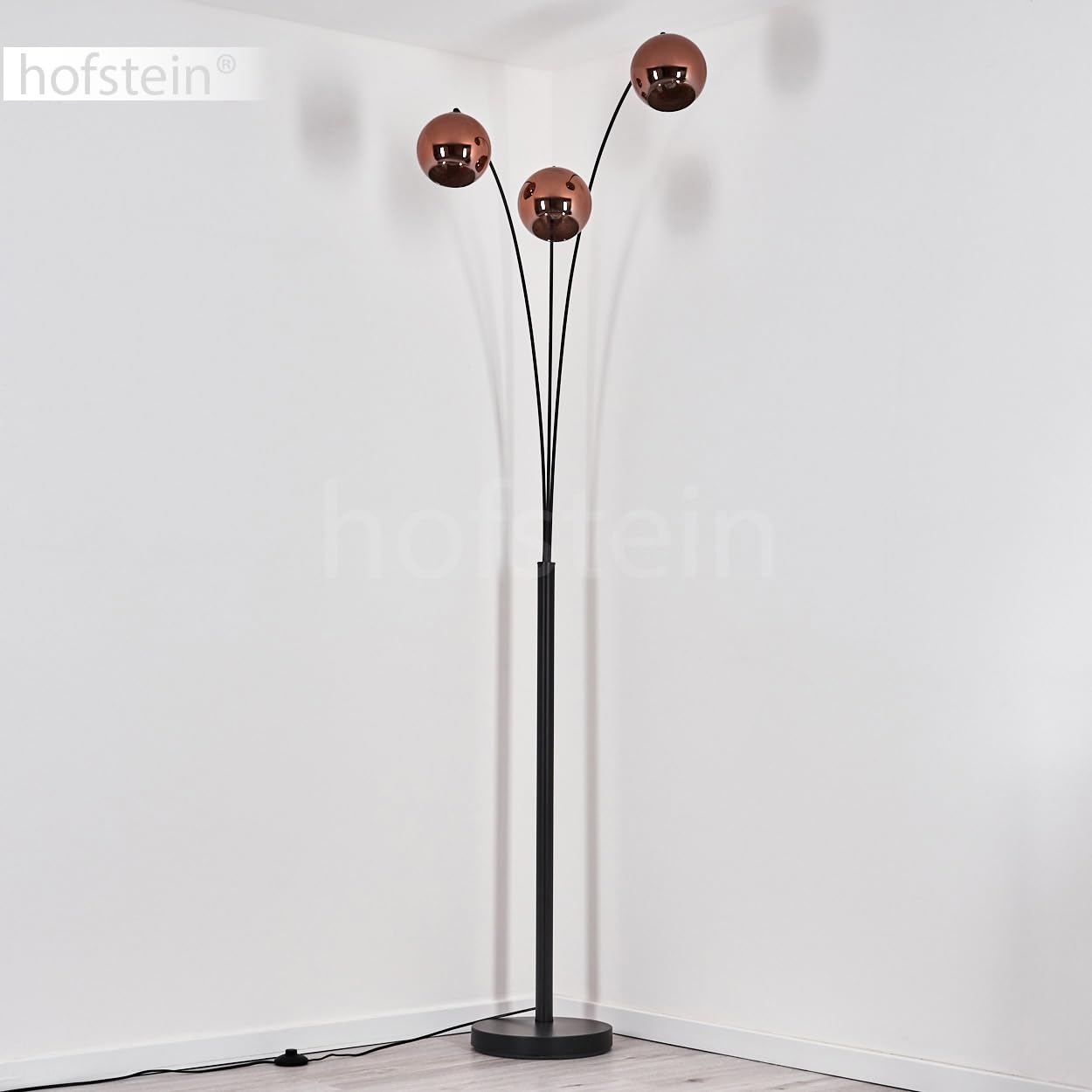 Stehleuchte Koyoto, Stehlampe aus Metall/Glas in Schwarz/Kupferfarben, Leuchte im modernen Retro/Vintage-Design mit Schirmen aus Glas (Ø 15 cm) u. Fußschalter, Höhe 210 cm, 3 x E14, ohne Leuchtmittel