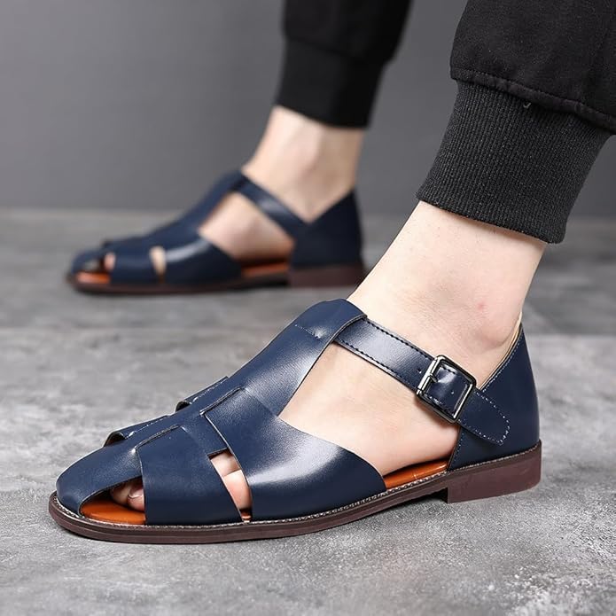 Men's Leather Hollow Flat Fisherman Sandals with Buckle, Men's Closed Toe Breathable Low Heel Non-slip Wading Roman Sandals for Beach, Leisure, Work, Driving, Travel, Walking4