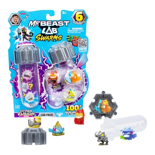 Image of MrBeast Lab Swarms Series 3, Hyper Fusion Series, 6 Pack - Lab Pack Includes 6 Micro Beasts, 6 Collectible Stickers & 2 Stackable Fusion Caps to Build Out Your Own MrBeast Lab
