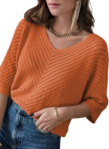 Image of Dokotoo Womens Plus Size 3 /4 Sleeve V Neck Loose Pullover Knit Sweaters for Women Fall Tunic Tops Jumper Knitted Casual Top Lightweight Summer Sweater 2026 Trendy Orange XX-Large