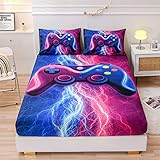 Meeting Story Gamer Gaming Fitted Sheet Set-3pcs Fitted Deep Pocket Sheet Mattress, Tie Dye Lightnings Gamepad Printed Bedding Set Colorful Modern Room Decor(Blue-Purple,Twin)