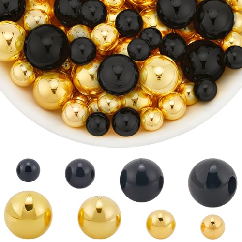 PONABEADIY 1 boîte de 360 Perles Fausses sans Trou Acrylique Rondes Noires et Dorées Perles Artificielles en Plastique ABS pour Vases Décoration de Table...