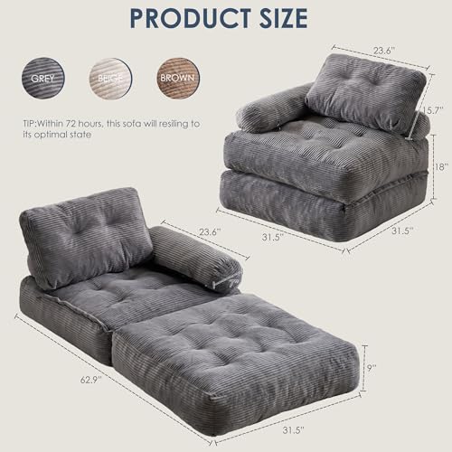 LFCREATOR Folding Sofa Bed with Armrest,Convertible Sleeper Chair for Adults, Folding Sofa Bed Foam Filling Couch with Pillow,Sleeper Chairs Single Size Floor Mattress,Gray - image 2