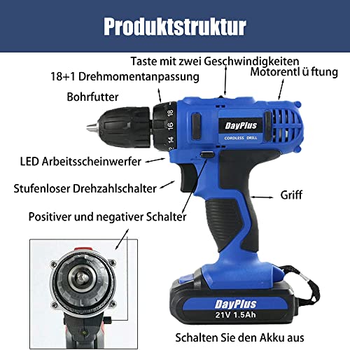 Akkuschrauber 21V mit 1 Akku, Akku-Schlagbohrschrauber set mit 2-Gang & LED-Arbeitslicht – Schnellladegerät – 18+1… – Bild 3