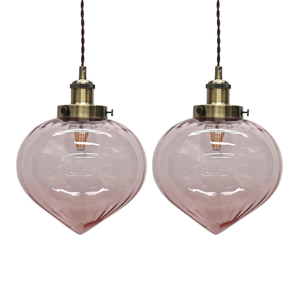 Firstchoicelighting Blush Pink Set Of 2 Glass Easy Fit Ceiling Lightshades Or Pendant Shades, Pink Glass With Antique Brass Detail, Height 23Cm Diameter 23Cm