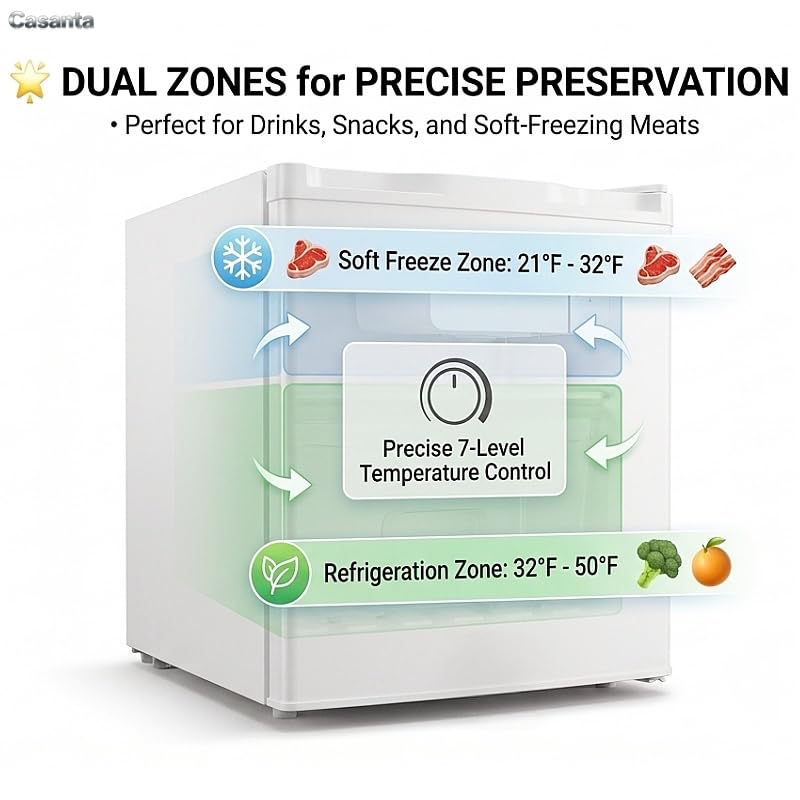 Casanta 50l Mini Fridge With Soft Freezer, Single Door Compact Small Refrigerator With 7 Temperature Settings, Quiet & Energy Saving Beverage Cooler For Bedroom, Dorm, Office, Skincare White on Fridge.com - View 3