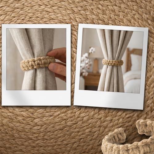 CHUQING Vorhang Raffhalter 4er Set Boho Gardinen Raffhalter für Vorhänge aus Seil Gardinenzubehör für Vintage Vorhänge Natur